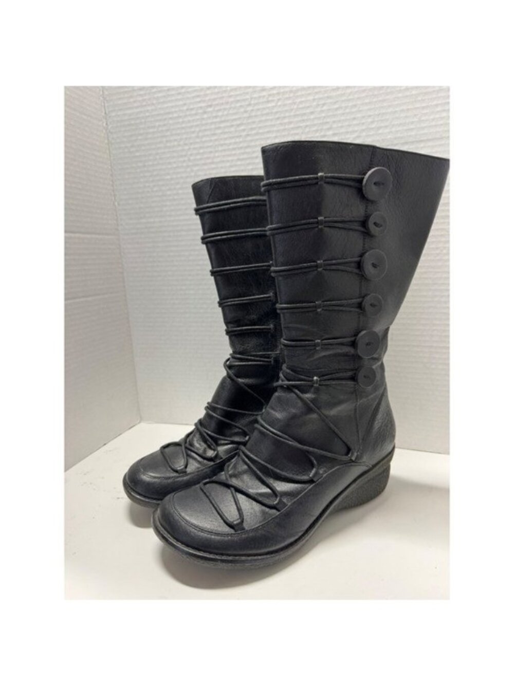 Miz Mooz Black Leather Button Bungee Tall Boots Side Zip Wedge Size 37 7